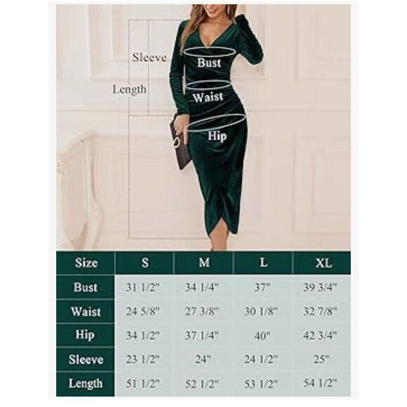 NEW Elegant Velvet Long Sleeve Wrap V Neck Ruched Bodycon Dress S - Picture 4 of 4